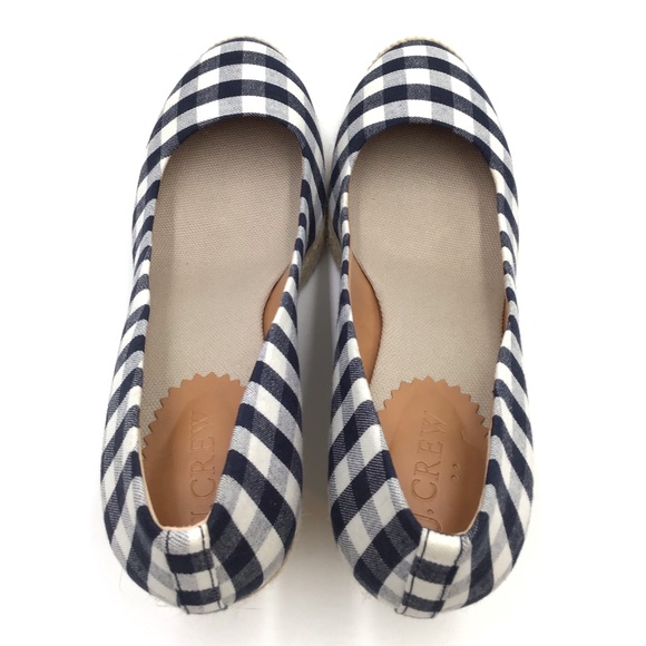 🔴SOLD🔴J. Crew Factory blue white check plaid textile espadrille wedge pumps 8 - Picture 8 of 11
